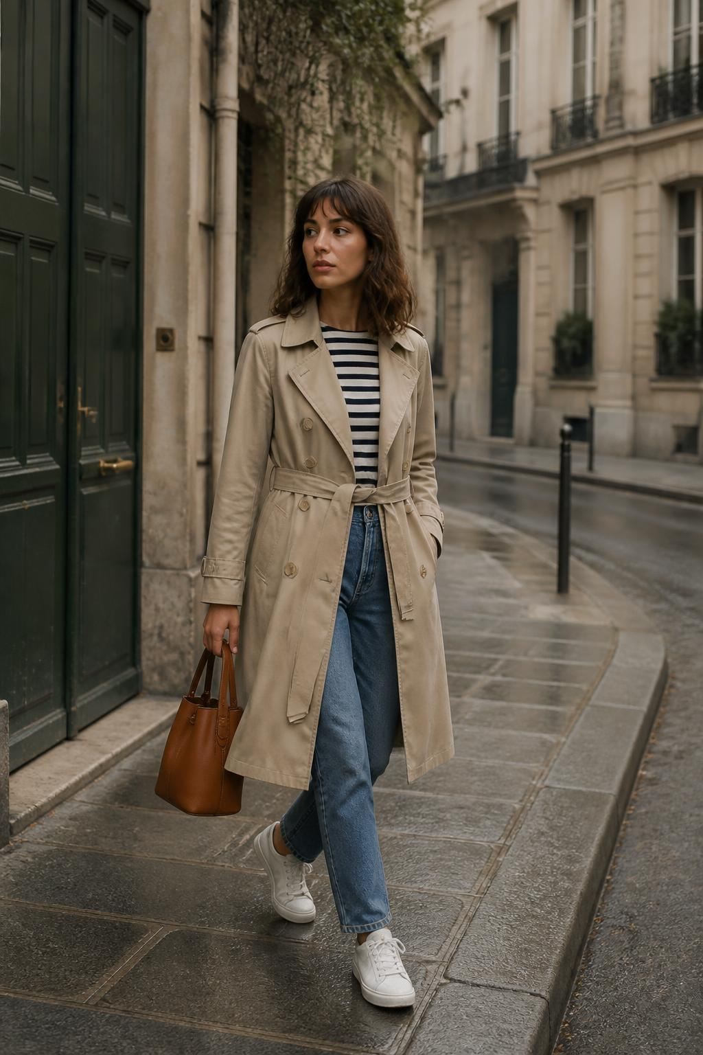 Frau in Trenchcoat, Streifenpullover und Jeans auf einer Stadtstraße, mit cognacfarbener Tasche.